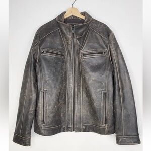 Black Rivet Distressed Genuine Leather Jacket. Size: L
